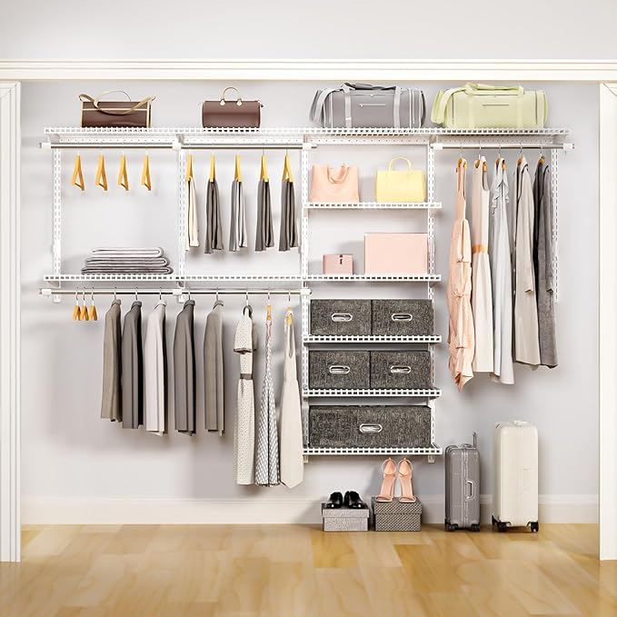 Wire Closet Organizer System, Wall Mounted 8.7 Ft. Custom Closet Kit for Bedrooms Laundry Mudroom Garage Basement, Adjustable Storage Shelves for Clothes Shoes Handbags