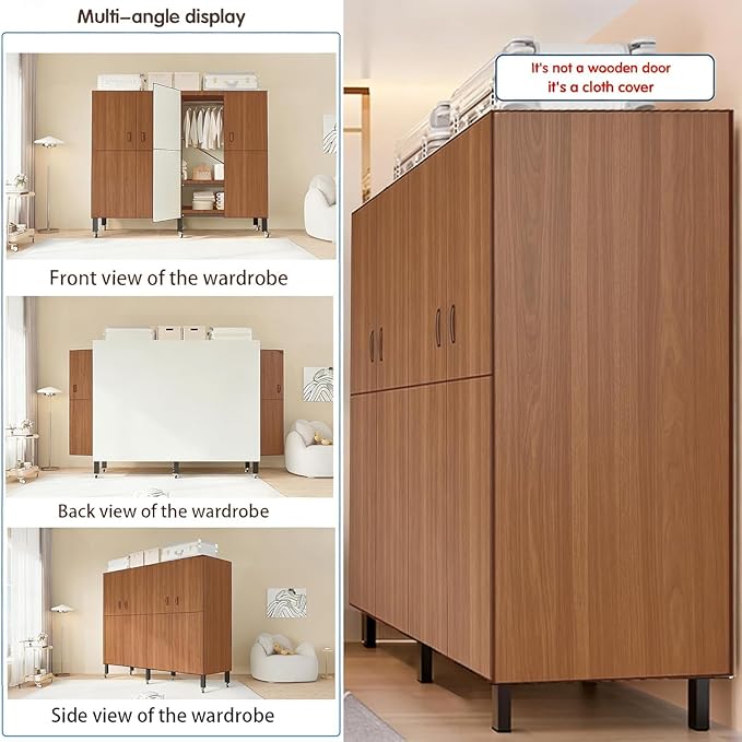 Heavy Duty Covered Clothes Rack with Magnetic Door Foldable Portable Wardrobe Closet for Hanging Clothing Rolling Black Metal Garment Rack on Wheels Closet System (Dragon Sandalwood, 70.89in)