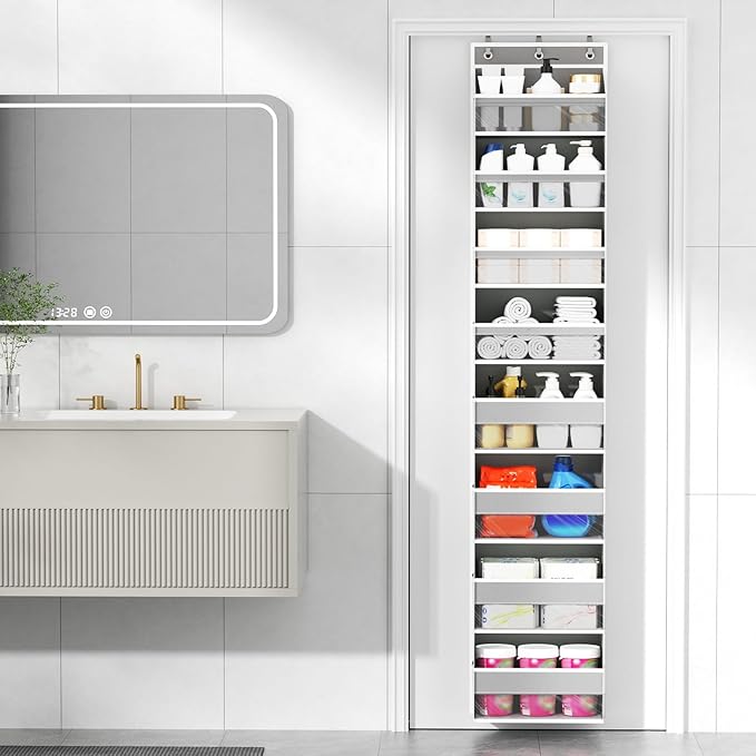 Mefirt Over The Door Organizer, 8 Shelf Door Hanging Organizers with 8 Large Capacity Pockets, Back of Door Organizer Storage Hanging Shelves for Closet Bathroom Bedroom Nursery