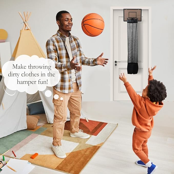 Over the Door Basketball Hoop Laundry Basket ,Wooden Basketball Laundry Hamper with Zipper for Kids Room,Dorm Rooms,Bathroom,Saving Space Storage and Organization (Walnut)