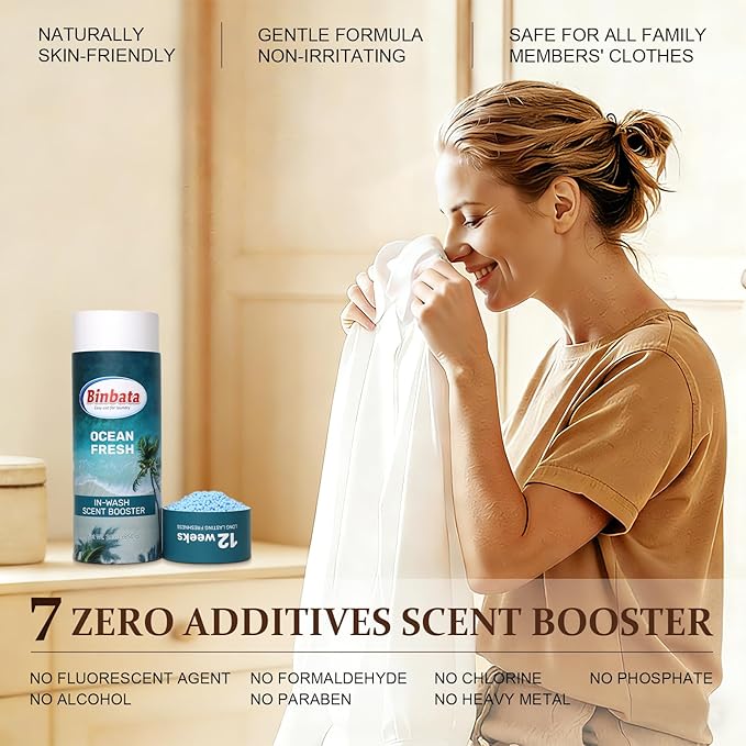 Binbata Eco‑Friendly Scent Beads Laundry 30oz, Gentle In‑Wash Scent Booster Beads with Plastic Free Recyclable Package, Up to 85 Washing Cycles for 12 week Long-Lasting Freshness, Ocean Fresh Scent
