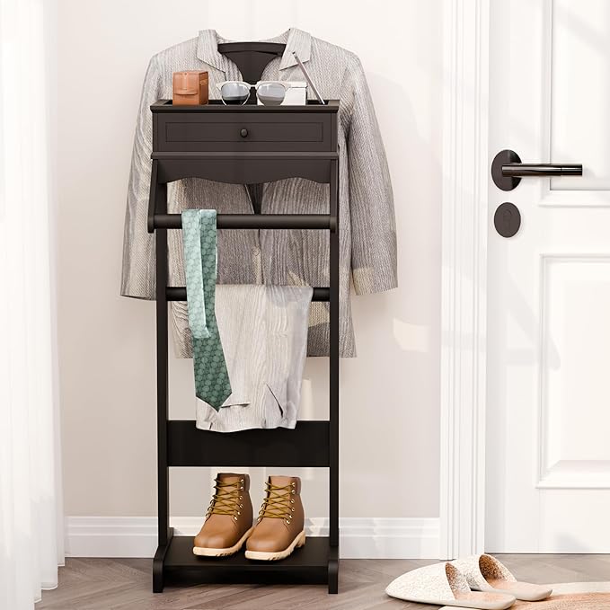 Men's Valet Stand with Tray, Black Wood Clothes Stand, Freestanding Garment Rack Organizer for Enterway, Office, Bedroom