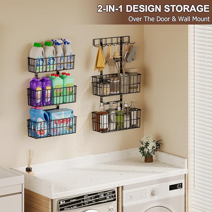 Hongtamoya Adjustable Over the Door Organizer, Metal Hanging Door Organizer with 5 Wire Basket 7 Hooks, Wall Mounted Shelf for Pantry Laundry Organization and Storage, Black