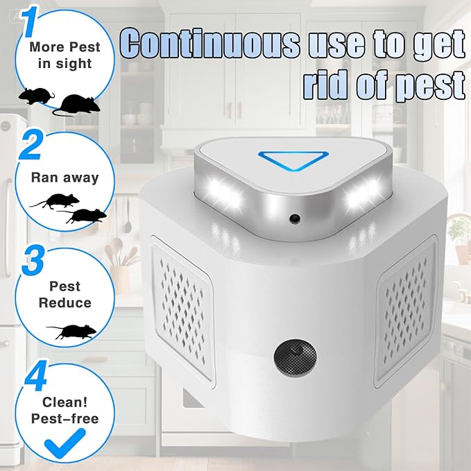 Rat Deterrent, Ultrasonic Rodent Repeller Indoor, Electronic Mouse Repellent Devices Pest Rat Mice Squirrel Deterrent with 4-Modes & 9-LED Strobe Lights for House Kitchen Garage Warehouse RV(2Pack)