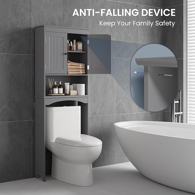Bealife Over The Toilet Storage Cabinet with Open Shelf, Organizer with Adjustable Shelf and Double Doors,Over The Toilet Storage Shelf Free Standing (Grey)