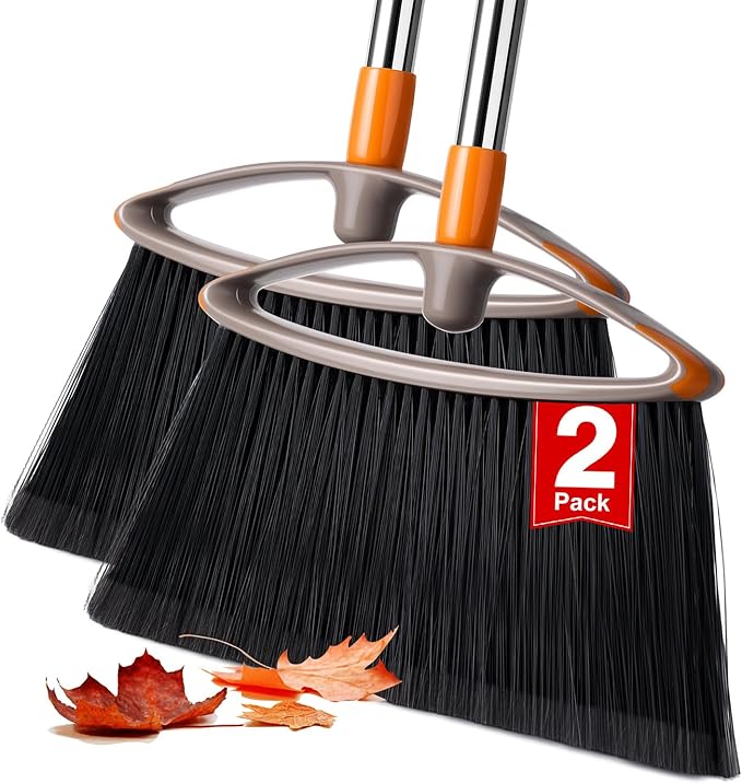 2 Pack Soft Bristle Broom, Heavy Duty Broom with Collapsible Handle, Ideal for Indoor Outdoor Hardwood Floors Kitchen Salon Camping Cat Pets Hair Home Room Office, Sturdy and Durable, Gray