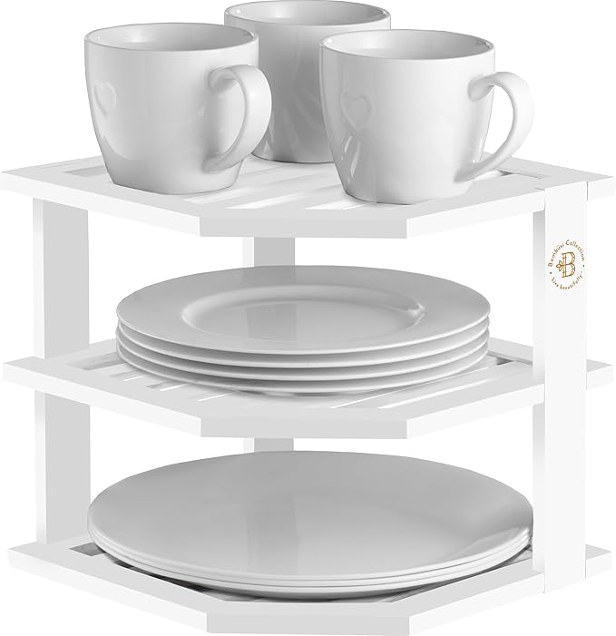 Bambüsi Plate Organizer for Cabinet - Corner Cabinet Organizer and Kitchen Cabinet Organizer Shelf, Kitchen Countertop Organizer for Plates, Dishes and Bowls, Space Saving Corner Rack, White