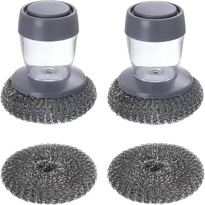 Steel Wool Scrubber with Soap Dispenser for Dish Sink Pan Stove Kitchen, Stainless Dishwashing Scouring Pad, Dispensing Heavy Duty Brush Scourer Cast Iron 2+2