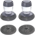 Steel Wool Scrubber with Soap Dispenser for Dish Sink Pan Stove Kitchen, Stainless Dishwashing Scouring Pad, Dispensing Heavy Duty Brush Scourer Cast Iron 2+2