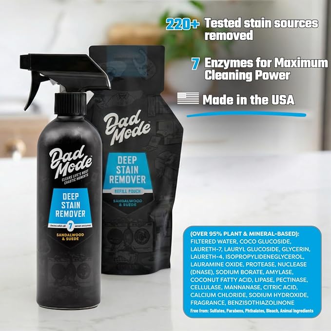 DadMode 7-Enzyme Laundry Stain & Odor Destroyer – Deep Cleaner for Extreme Clothing Messes Powered by Nuclease (DNAse) - Sandalwood & Suede, 16oz Refillable Bottle
