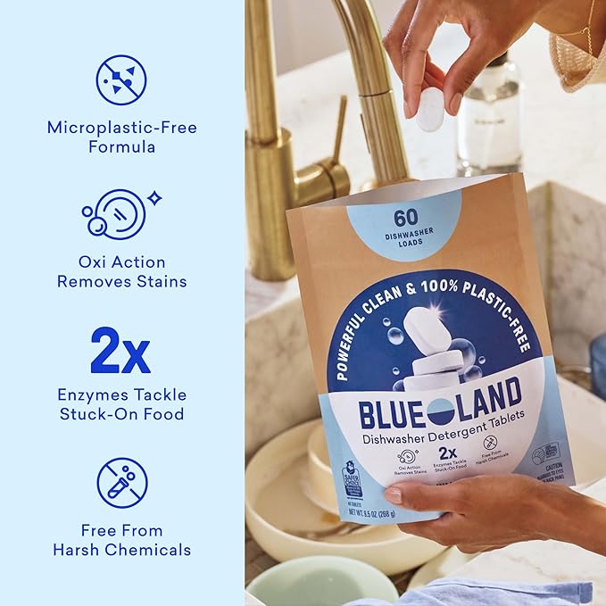 BLUELAND 100% Plastic-Free Dishwasher Detergent Tablets, 60 Count, Free & Clear, Eco-Friendly Dishwashing Pods, Natural, USDA Certified biobased