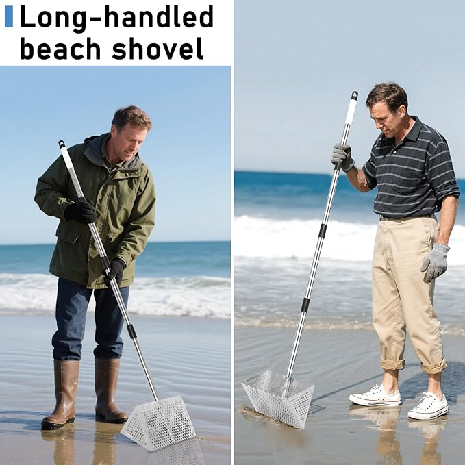 Sand Flea Rake, Long Handle Sand Sifter with 65-Inch Pole - Stainless Steel Shark Tooth Sifter, 13-Inch Wide Mesh Screen for Beach, Seaside Collecting of Fleas, Shark Teeth & Seashells