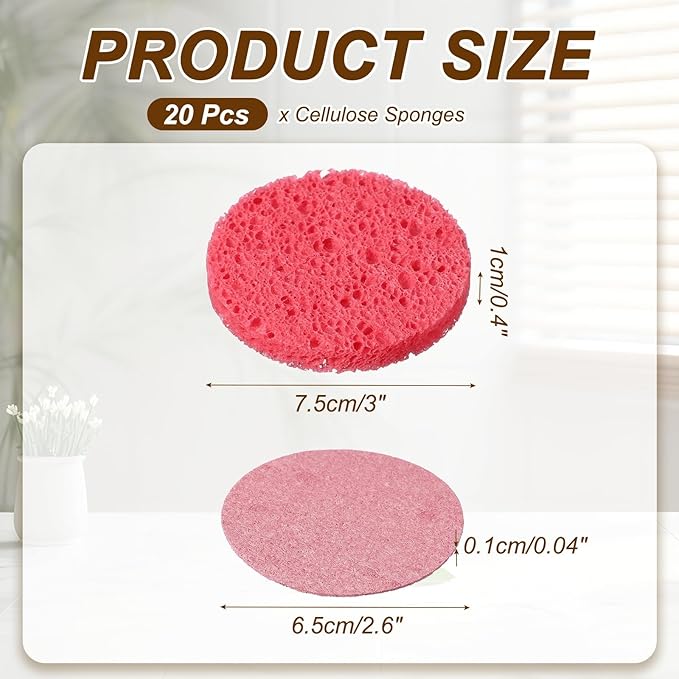 uxcell 20Pcs Cellulose Sponges, Round Kitchen Clean Sponges Non-Scratch Compressed Dish Scrubber for Kitchen Household Cookware Bathroom Cleaning & DIY, Pink