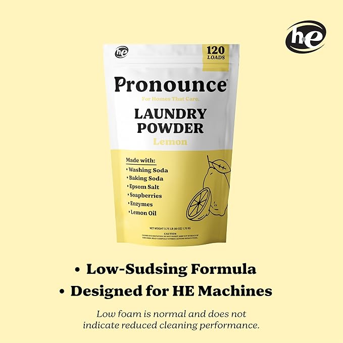Pronounce Laundry Detergent Powder Alternative | Cleaner Ingredients. Safer for Sensitive Skin. Stain + Smell Fighting. With Essential Oils. HE Safe - 120 Loads (Lemon).