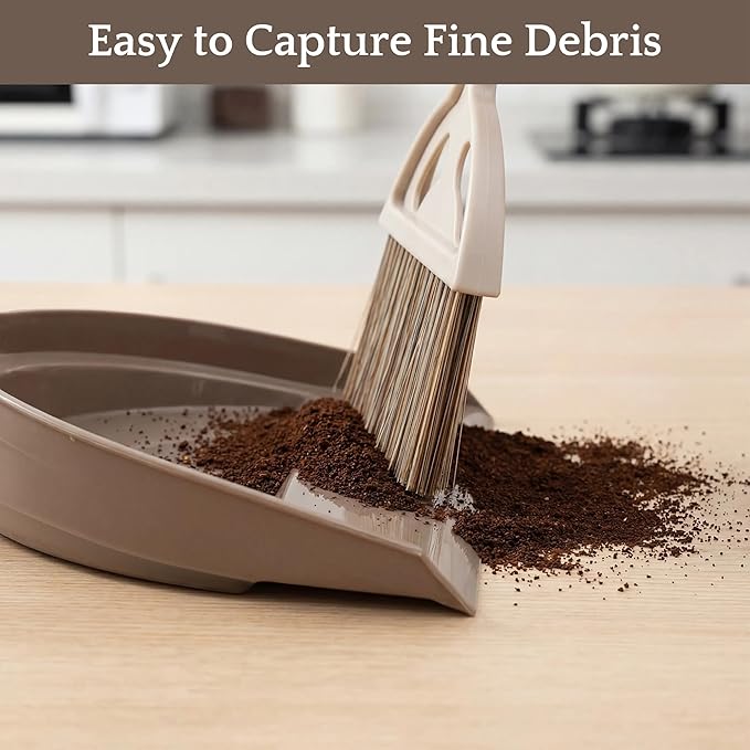Mini Broom and Dustpan Set, Small Handheld Broom and Dustpan for Desk, Clip-On Hand Brush for Keyboard, Car Interior, Countertop, and Cat Litter Cleaning, Brown