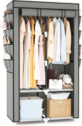Portable Closet for Hanging Clothes, Portable Wardrobe Closet with Cover, 4 Storage Shelves, 2 Hanging Rods and 8 Side Pockets, Easy Assembly and Sturdy Free Standing Closet for Bedroom, Grey