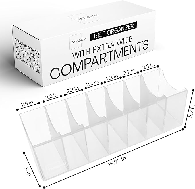 Targum Belt Organizer for Large Buckles – Extra-Wide Acrylic Belt Organizer with 7 Compartments for Closet and Drawer