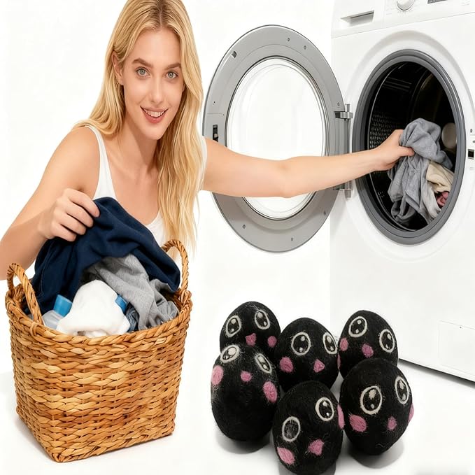 Dry Balls, Black Wool Dryer Balls Laundryer Balls for Dryer Premium 6-Pack New Zealand Wool Save Drying Time by 30%, Eliminate Static Cling, Reusable & Eco-Friendly Chemical Free