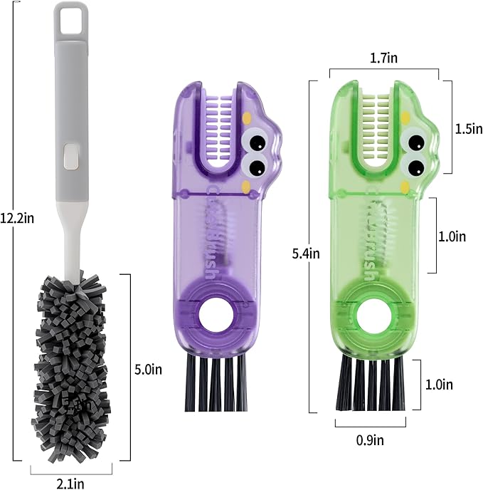 Bottle Brush Cleaning Set: Includes 2 Three-in-one Portable Travel Crevice Brushes and 1 Cup Brush with Removable Handle. Ideal for Cleaning lids, Straws, and Water Bottles.