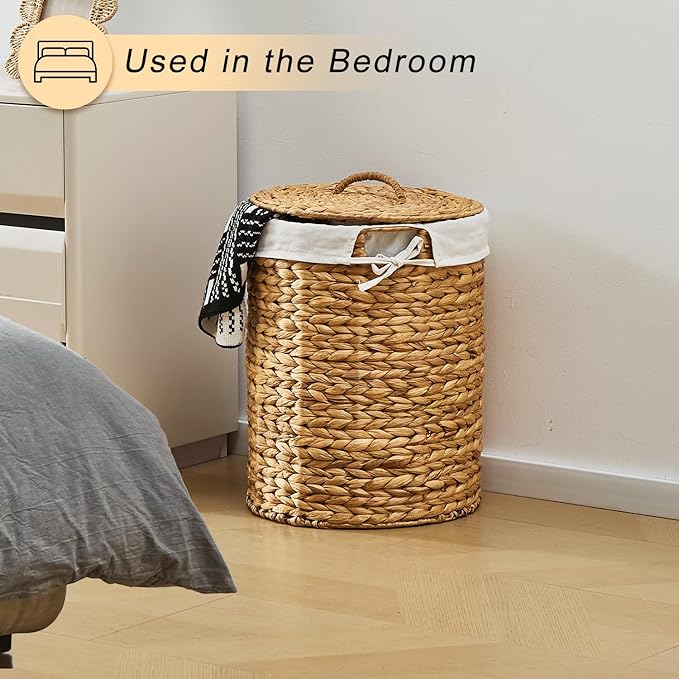 Round Water Hyacinth Laundry Hamper with Lid Handwoven Wicker Basket with Handles for Dirty Clothes, Storage, and Organization, No Assembly Required, 40L