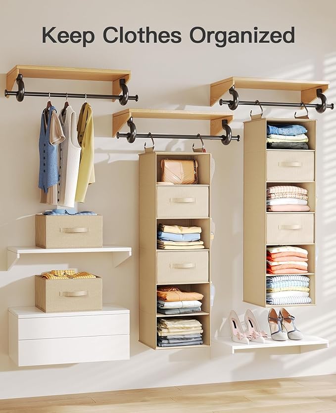 Pipishell 6-Shelf Hanging Closet Organizer, with 3 Detachable Drawers & Side Pockets, Closet Organizers and Storage for Bedroom, Garment Rack and Wardrobe Organization, Dorm Clothes Organizer, Beige