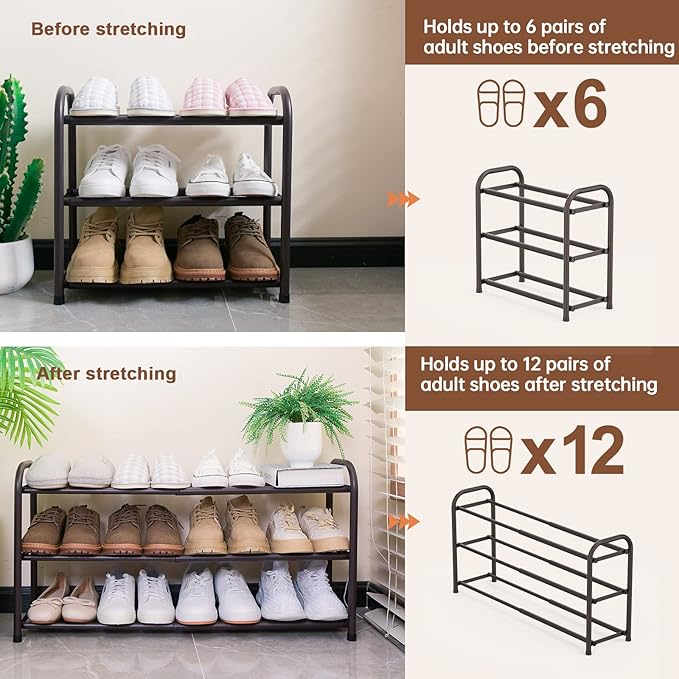 Gonfoam 3-Tier Expandable Shoe Rack,Adjustable Shoe Shelf Storage Organizer Heavy Duty Metal Free Standing Shoe Rack for Entryway Closet Doorway (Bronze)