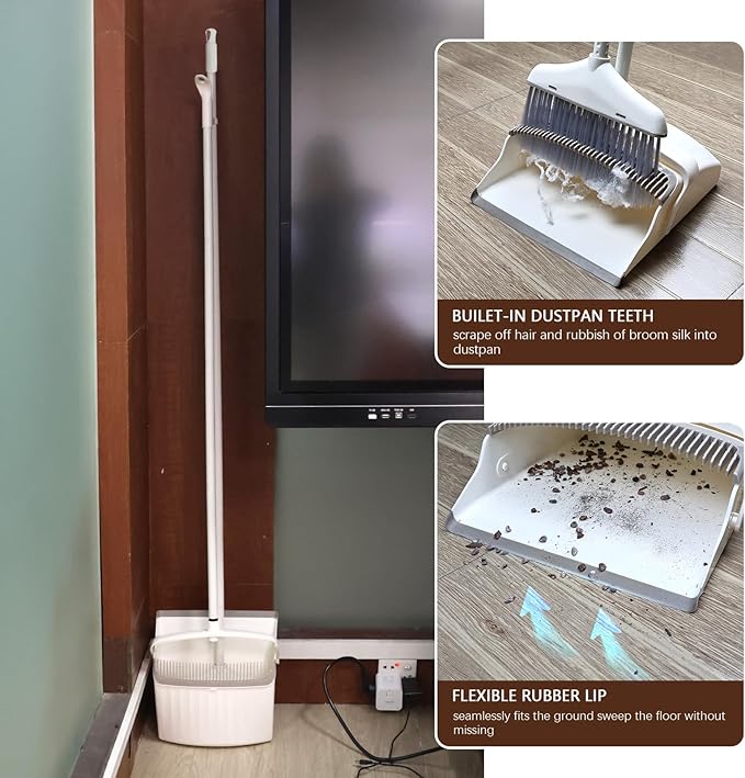 Broom and Dustpan Set for Clean - Broom with Dustpan Combo Set, 61" Dustpans Long Handle, Dust Pan with Handle, Kitchen Dust Pan and Brush for Indoor Outdoor Room Office Use.