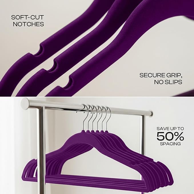Utopia Home Velvet Hangers 50 Pack – Luxury Non-Slip Slim Pant & Coat Hangers, Strong Space-Saving Clothes Hangers with Pants Bar and 360° Swivel Hook – Purple