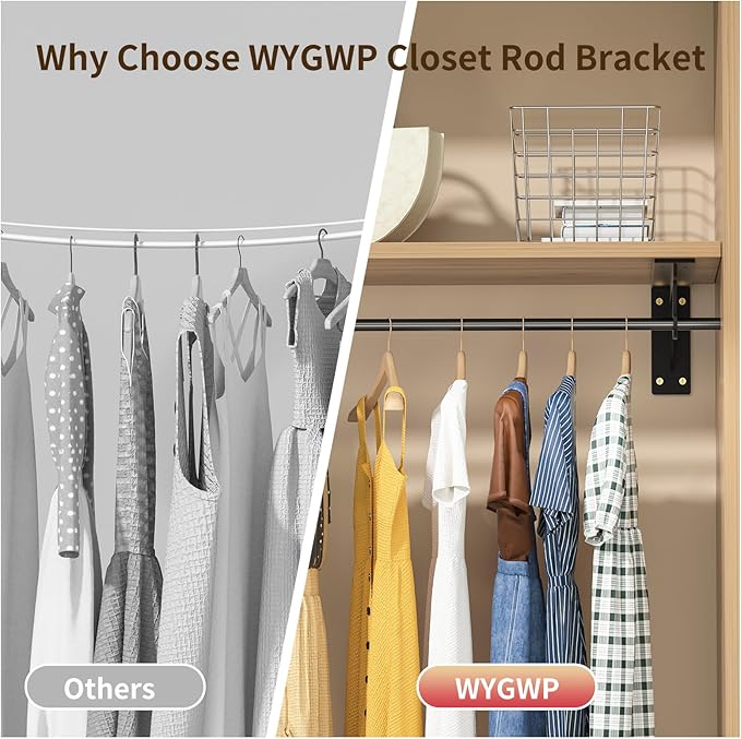 Closet Rod Support Bracket WYGWP 13.5 inch Heavy Duty Shelf Brackets with Rod Holders Support 400lbs Wall Mounted Sturdy 2 Pack