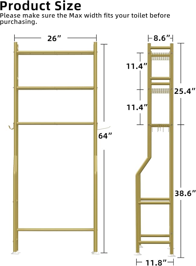 Livilord 3-Tier Over The Toilet Storage, Freestanding Metal Bathroom Shelves with 4 Hooks, Over Toilet Storage Shelf with Paper Holder, Above The Toilet Shelf for Bathroom Storage, Gold