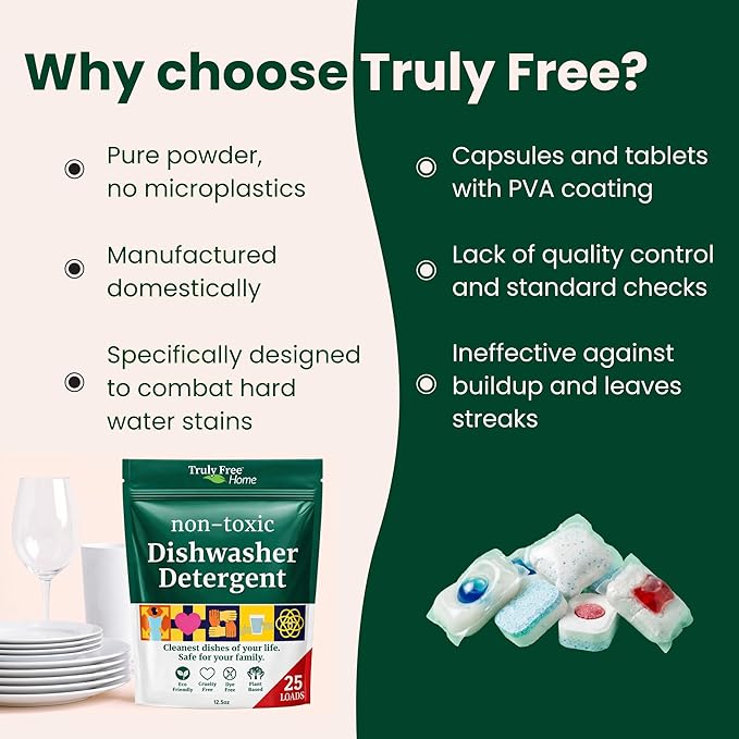Truly Free Dishwasher Detergent Powder | Natural Dish Detergent, Dishwasher Soap | Plastic Free, Plant-Based, Clean, Heavy Duty Hard Water Stain & Grease Remover | Fragrance Free | 12.5 oz (Pack of 3)