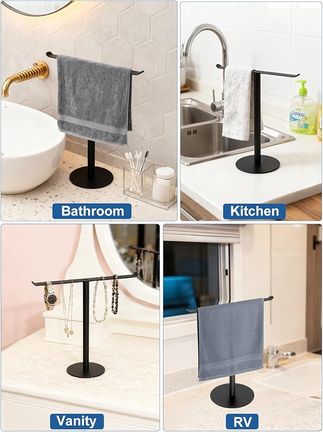 Haturi Hand Towel Holder for Bathroom, Freestanding T-Shaped Hand Towel Stand, Black Metal Countertop Towel Rack for Bathroom, Kitchen & Vanity