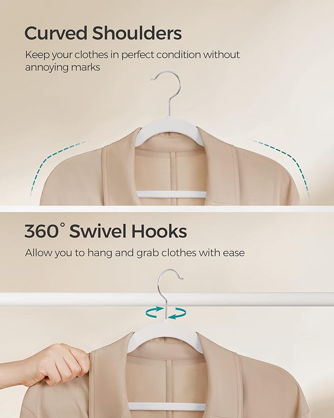 SONGMICS Velvet Hangers 60 Pack, Non-Slip Clothes Hangers with Shoulder Notches, Pants Bar, 360° Swivel Hook, Space-Saving, for Closet, Cloud White UCRF030W01