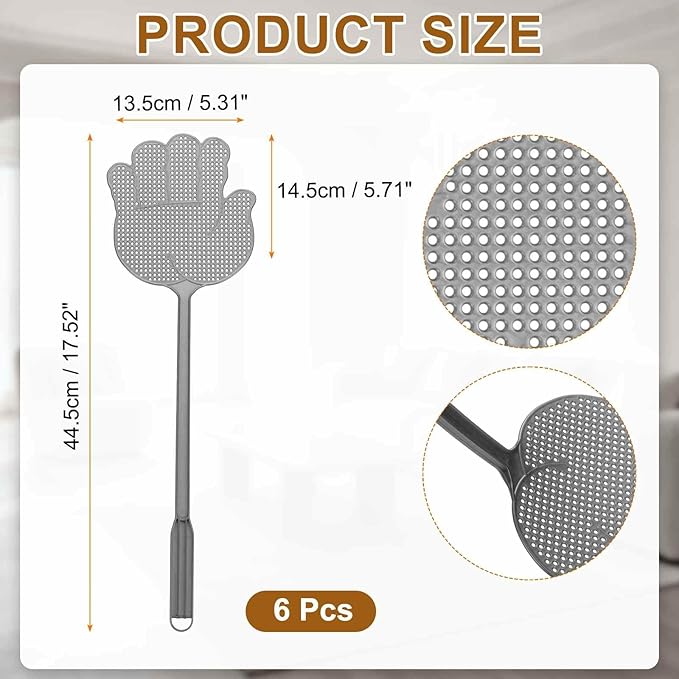 HARFINGTON 6pcs Fly Swatter 5.7"x5.3" Plastic Manual Heavy Duty Long Handle Fly Swatter for Home Indoor Outdoor, Silver