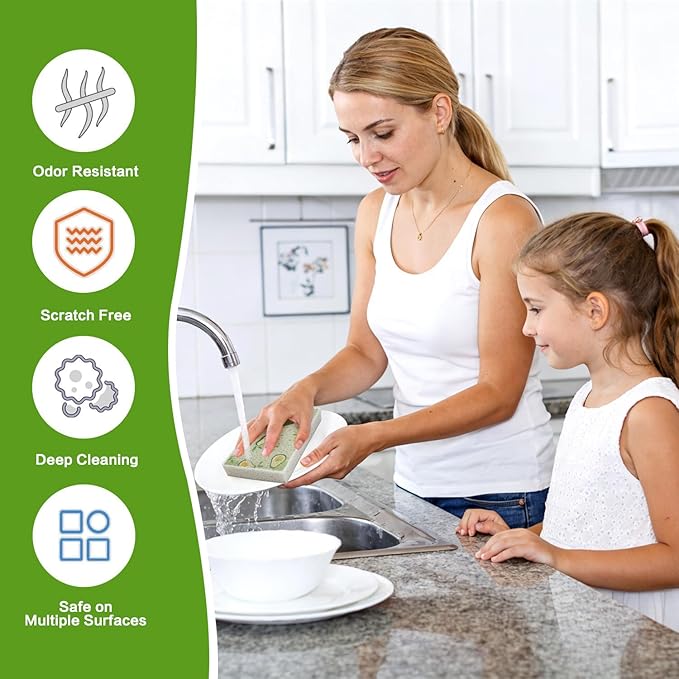 Scratch Scrub Sponge, 6 Kitchen Sponges for Cleaning Around the Home, Bathroom & More, Large Size Scratch-Free Dish Scrubber, Best for Nonstick Pots and Pans (4" x 6" x 1"), Avocado
