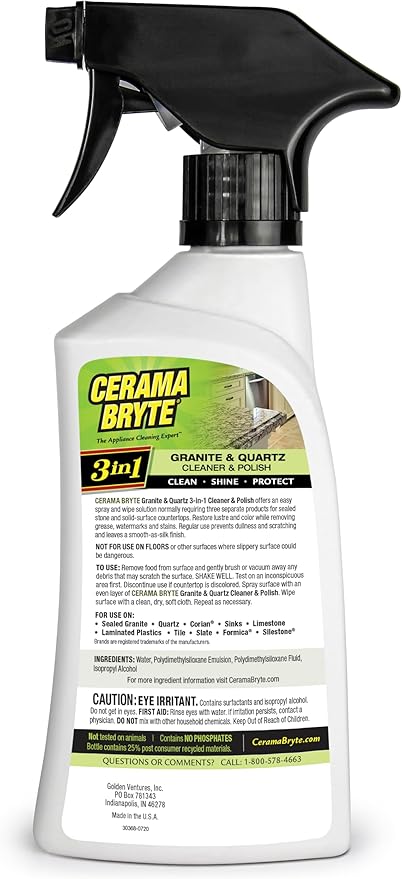 Cerama Bryte Granite and Quartz Daily Cleaner & Polish Safely Also Use On Marble Soapstone Quartz Quartzite Slate Limestone Corian Laminate Tile Countertop, 16 Ounce + 2 Pads