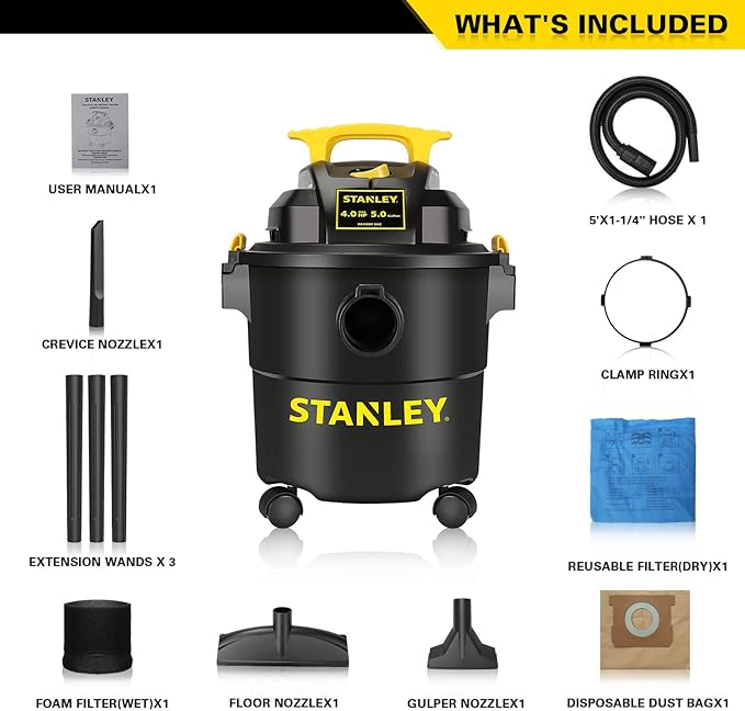 STANLEY Wet Dry Vacuum, 5 Gallon Shop Vac with Blower, 4 Peak HP 3 in 1 Power Suction Cleaner for Home, Jobsite, Garage, Basement, Shop Vacuum Wet and Dry for Car, Warehouse, Pet, Model: SL18115P