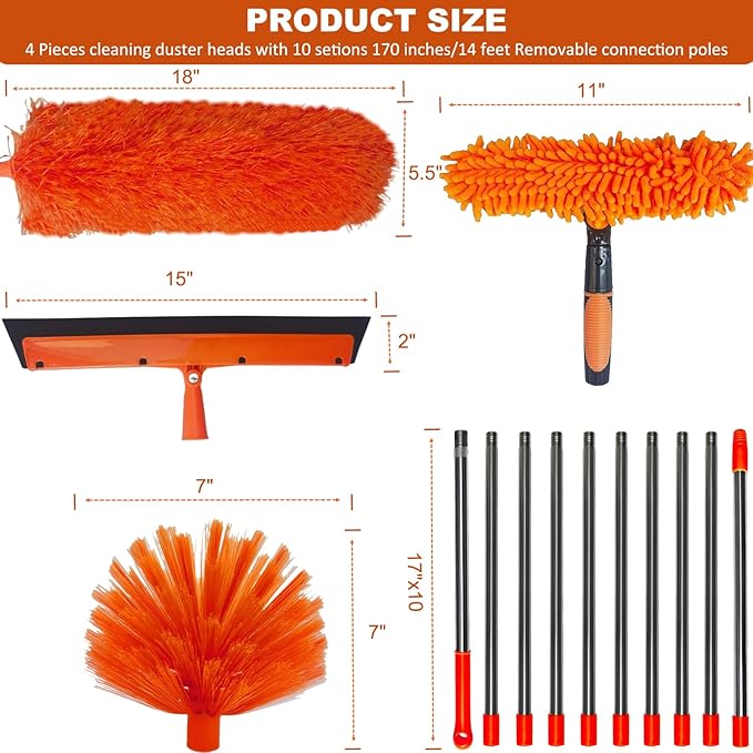 20+ Feet High Reach Duster Kit with 3-14 ft Extension Pole High Ceiling Dusting and Window Cleaning Kit with Spliceable Pole - Window Washer & Squeegee, Cobweb Duster, Fan Blade and Feather Dusters