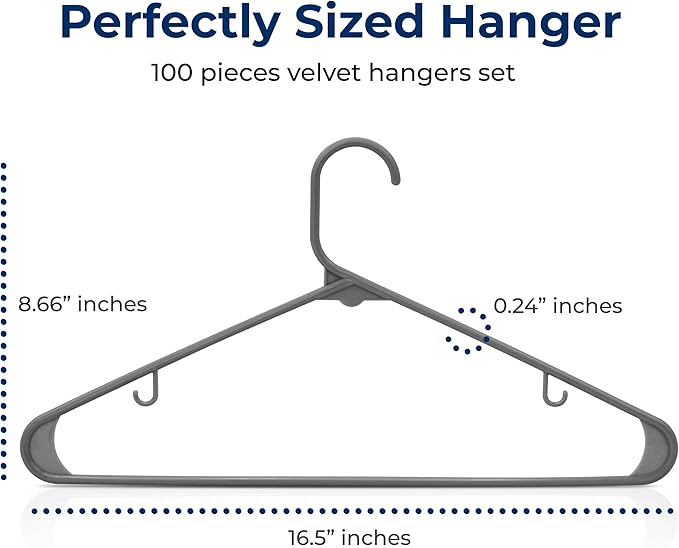 SereneLife Plastic Hangers 100 Pack - Space Saving Clothes Hanger - Durable & Strong Closet Organizers and Storage with Built-in Strap Hooks - Essential for Shirts, Pants, Skirts & Coats (Gray)