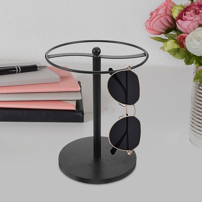 Sunglasses Display Rack Eyewear Storage Organizer Carbon Steel Frame with Black Pine Wood Base for Desktop Glasses Holder Home and Office Use