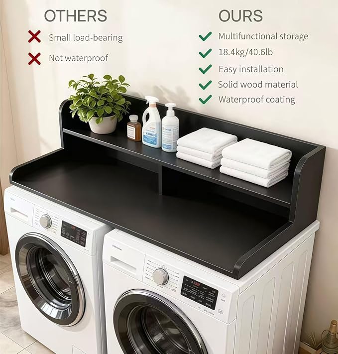 2-Tier Washer and Dryer Countertop, 54" W x 27.6" D Laundry Room Organization,Washer Dryer Topper Storage for Folding Clothes Over Washer and Dryer-Black