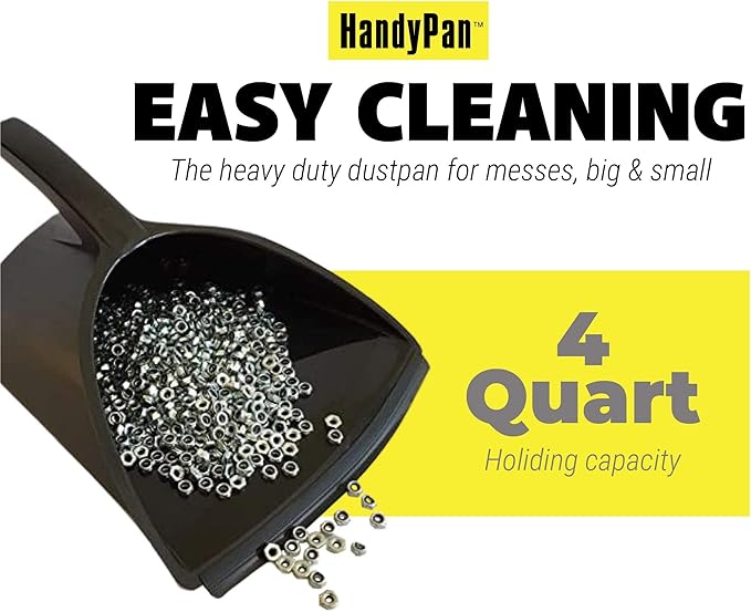 HandyPan Heavy Duty Dustpan, Black - Large Dust Pan Made in the USA with Tight Seal Lip to Keep Dust, Dirt, Debris In-Great for Home, Shop, Garage, Use-Stackable, Standing Dustpan for Wet or Dry Tasks