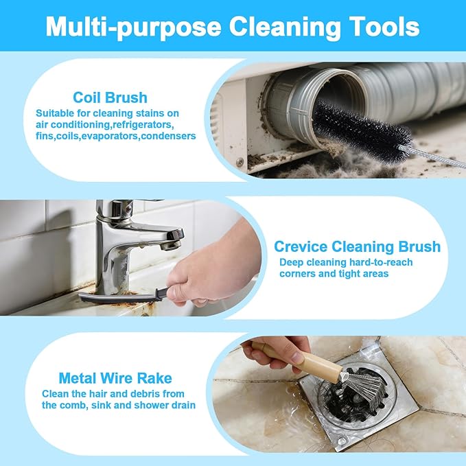 XANGNIER Refrigerator Coil Cleaning Brush Kit,5 Pack Fridge Coil Cleaner Tools Accessories,Sewer Drain Cleaner Brush for Toilet,Sink, Dryer Vent,Pipe,Shower,Appliance,Long Flexible Drain Brush