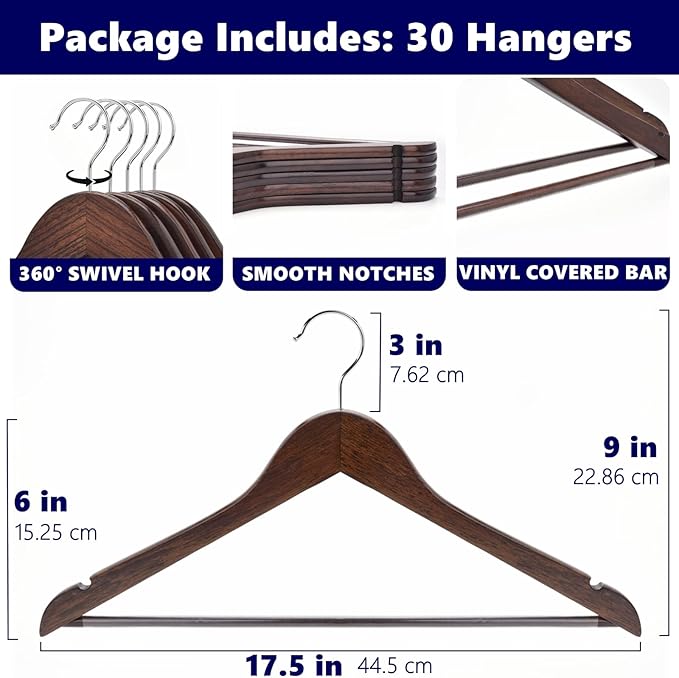 Amber Home 30 Pack Walnut Wooden Coat Hangers, Vintage Wood Suit Hangers with Non-Slip Pant Bar, Clothes Hangers for Closet Organization, Shirts, Jackets, Dresses, and Pants (Retro, 30)