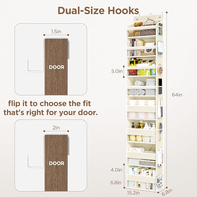Mefirt Over The Door Organizer, 8 Shelf Door Hanging Organizers with 8 Large Capacity Pockets, Back of Door Organizer Storage Hanging Shelves for Closet Bathroom Bedroom Nursery