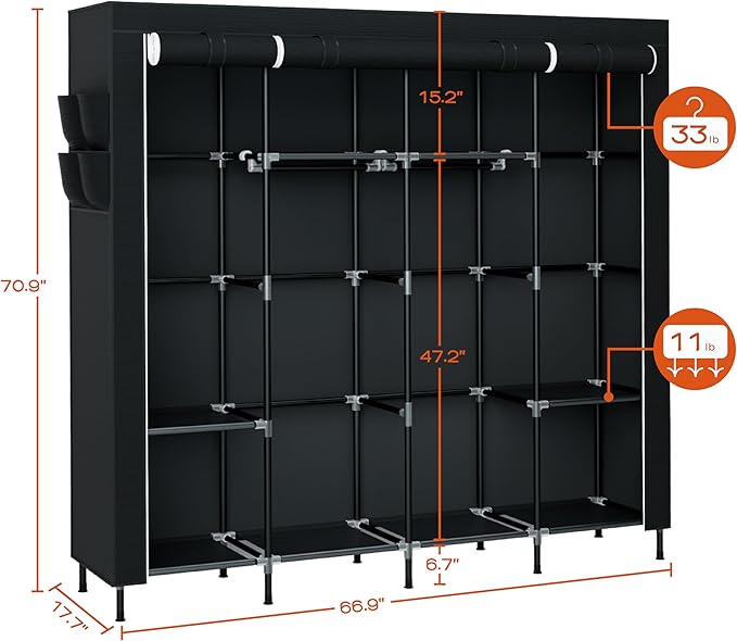 CASAMAYA Portable Closet, 66.9 Inch Large Capacity Wardrobe Closet with Cover, Clothes Storage Organizer with Shelves and 4 Hanging Rods, Easy to Assembly, Black PCT204B01