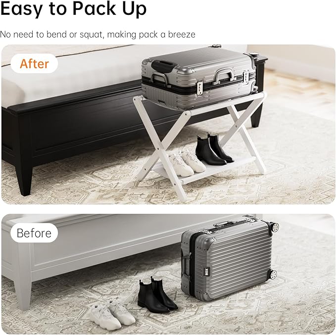 HITNET White Luggage Rack, Set of 2, Folding Suitcase Stand with Storage Shelf, Bamboo Luggage Holder with 5 Nylon Straps for Guest Room Bedroom Hotel