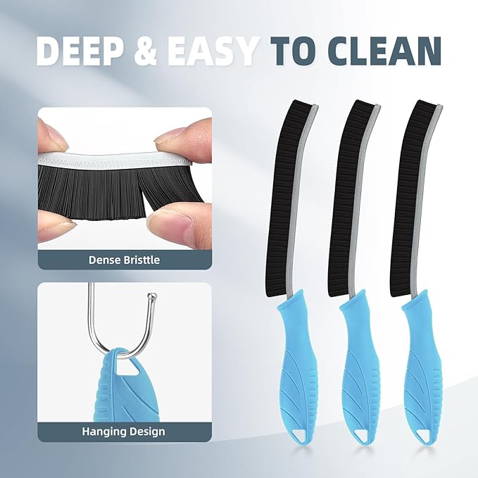 Hard Bristle Crevice Cleaning Brush - Cleaning Supplies - Household Crevice Cleaning Tools - Multi-Purpose Crevice Brushes for Kitchen, Toilet, Window, Vehicle, Faucets, Grout (3, Blue)