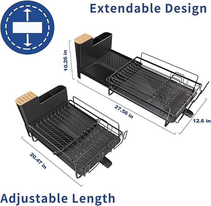 Runnatal Large Detachable Dish Rack with Drainboard Set, Dish Drying Rack Extendable Dish Rack, Utensil Holder, Cup Holder, Expandable Dish Drainer for All Kitchen Counter,20.5"-27.6" L x 12.6" W
