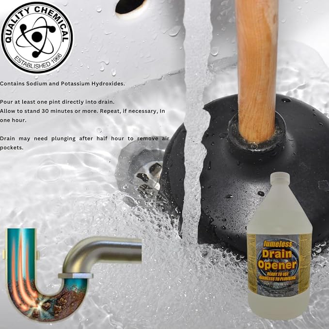 Quality Chemical Fumeless Drain Opener - Fast Acting Clog Remover and Declogger - Professional Strength - for Bathtub, Kitchen Sink, Drano, Hair Clog Remover - Drain Cleaner 128 oz (Pack of 1)